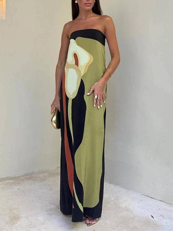 Joan | Abito Maxi da Festa Stampato Senza Spalline in Stile Costiero Chic