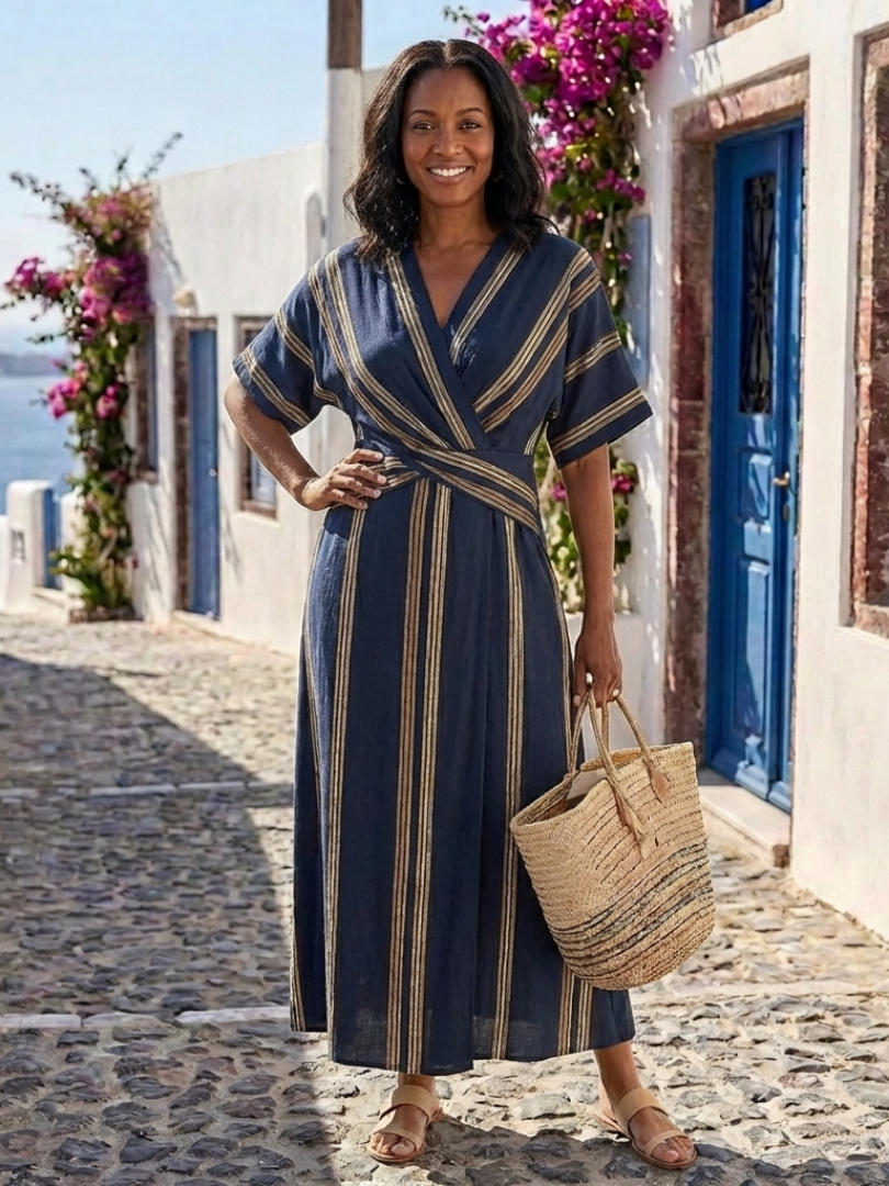 Saphira | Vestito midi avvolgente a righe con scollo a V e maniche corte