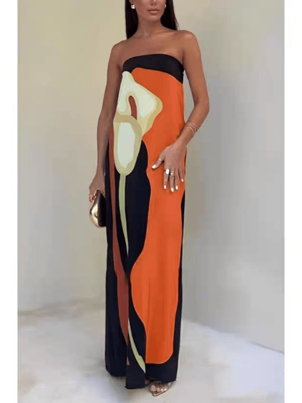 Joan | Abito Maxi da Festa Stampato Senza Spalline in Stile Costiero Chic