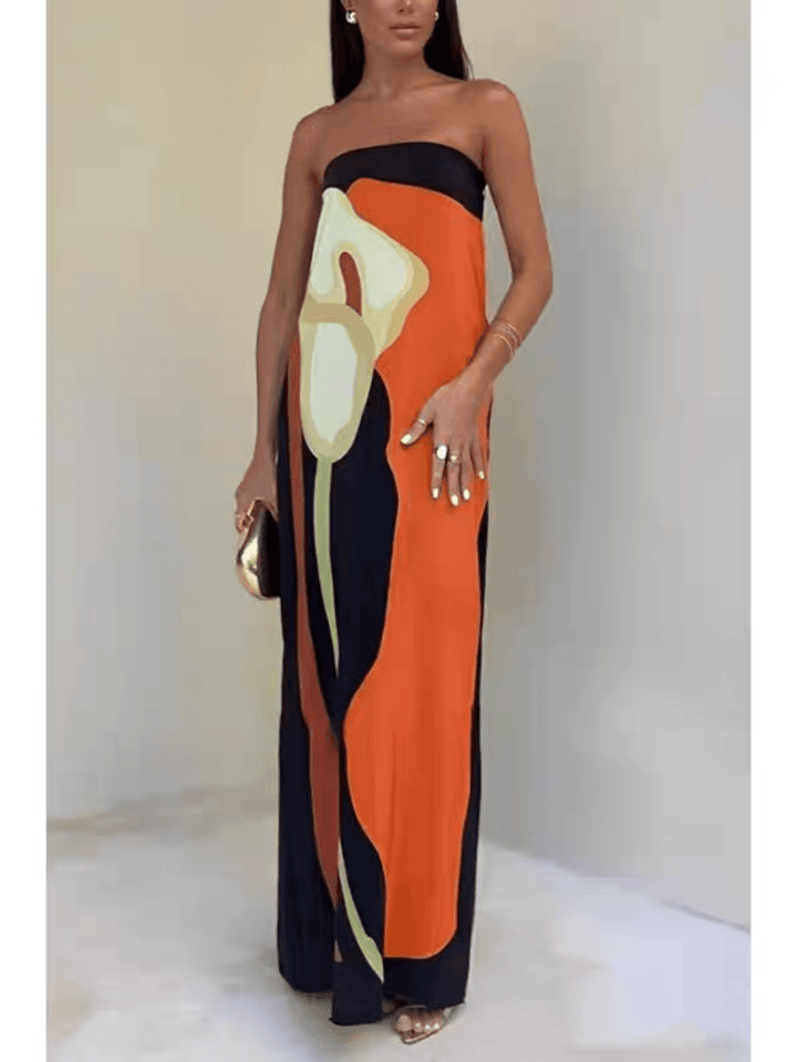 Joan | Abito Maxi da Festa Stampato Senza Spalline in Stile Costiero Chic