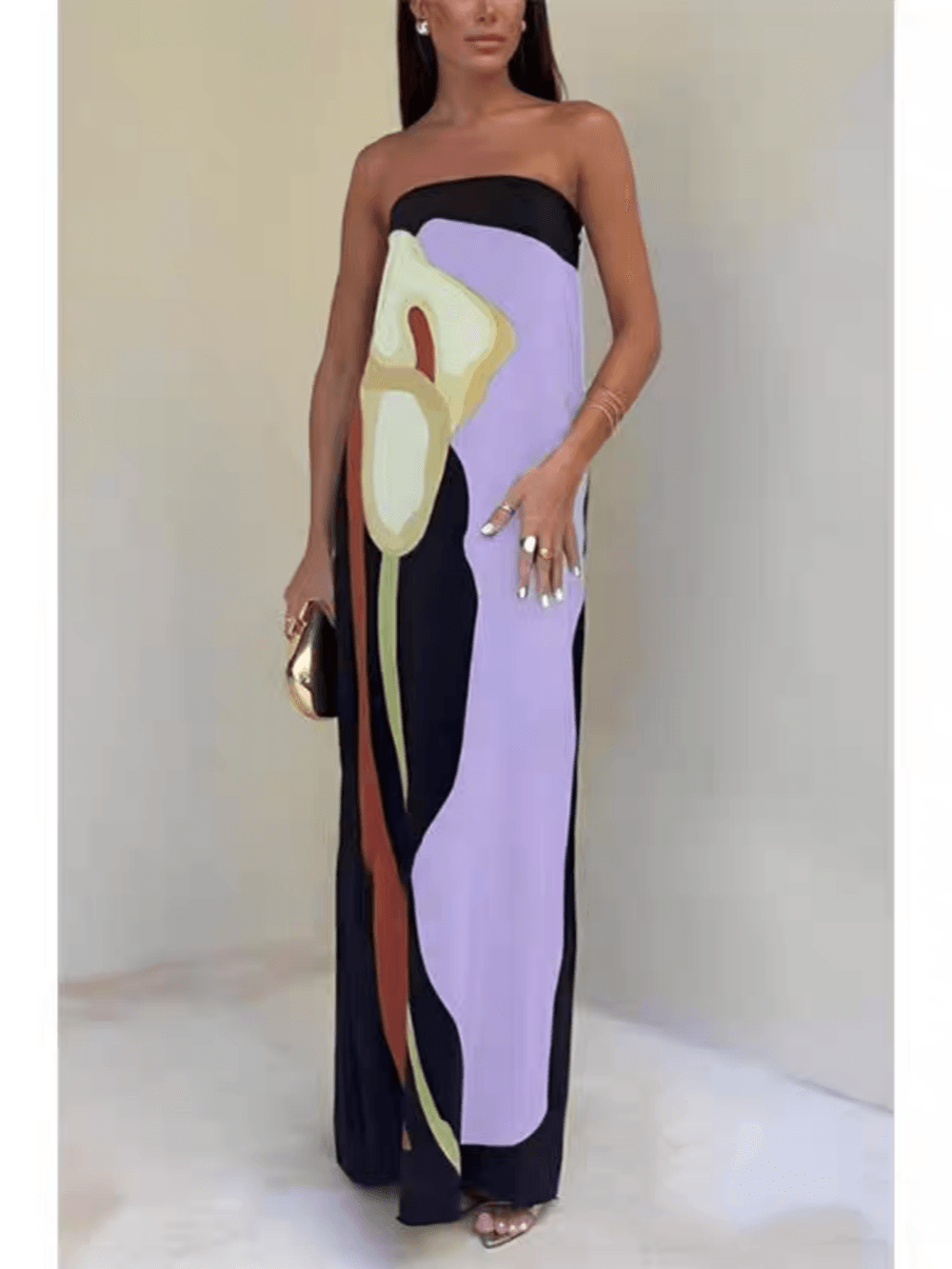Joan | Abito Maxi da Festa Stampato Senza Spalline in Stile Costiero Chic