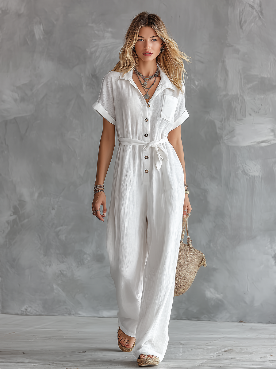 Tuta elegante casual per vacanze con scollo a V e maniche corte