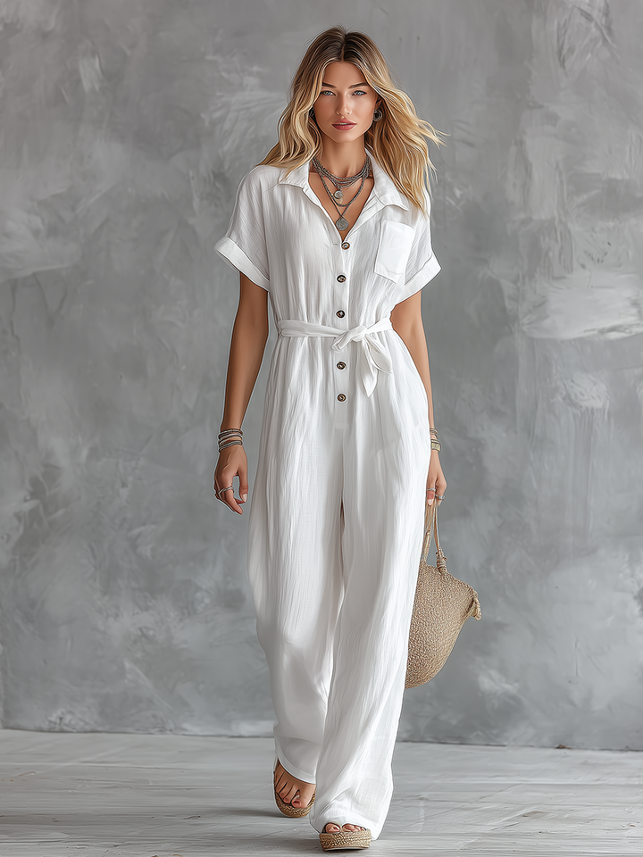 Tuta elegante casual per vacanze con scollo a V e maniche corte
