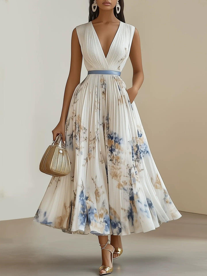 Chloe | Abito midi plissettato in chiffon floreale bianco con scollo a V