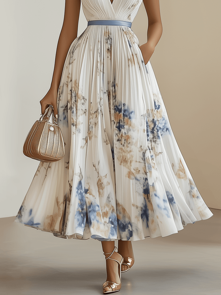 Chloe | Abito midi plissettato in chiffon floreale bianco con scollo a V