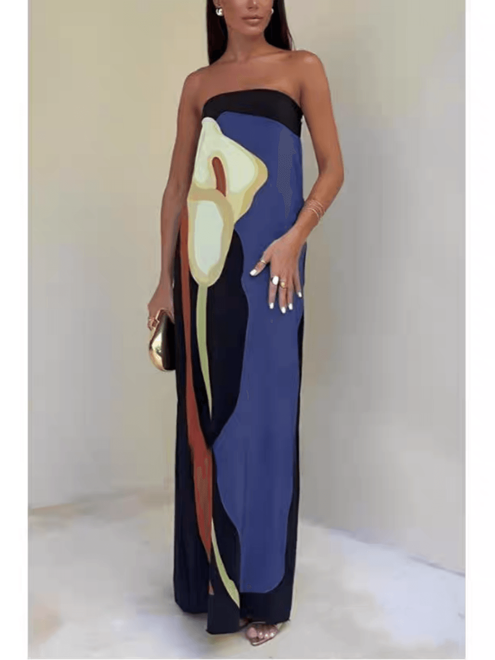 Joan | Abito Maxi da Festa Stampato Senza Spalline in Stile Costiero Chic