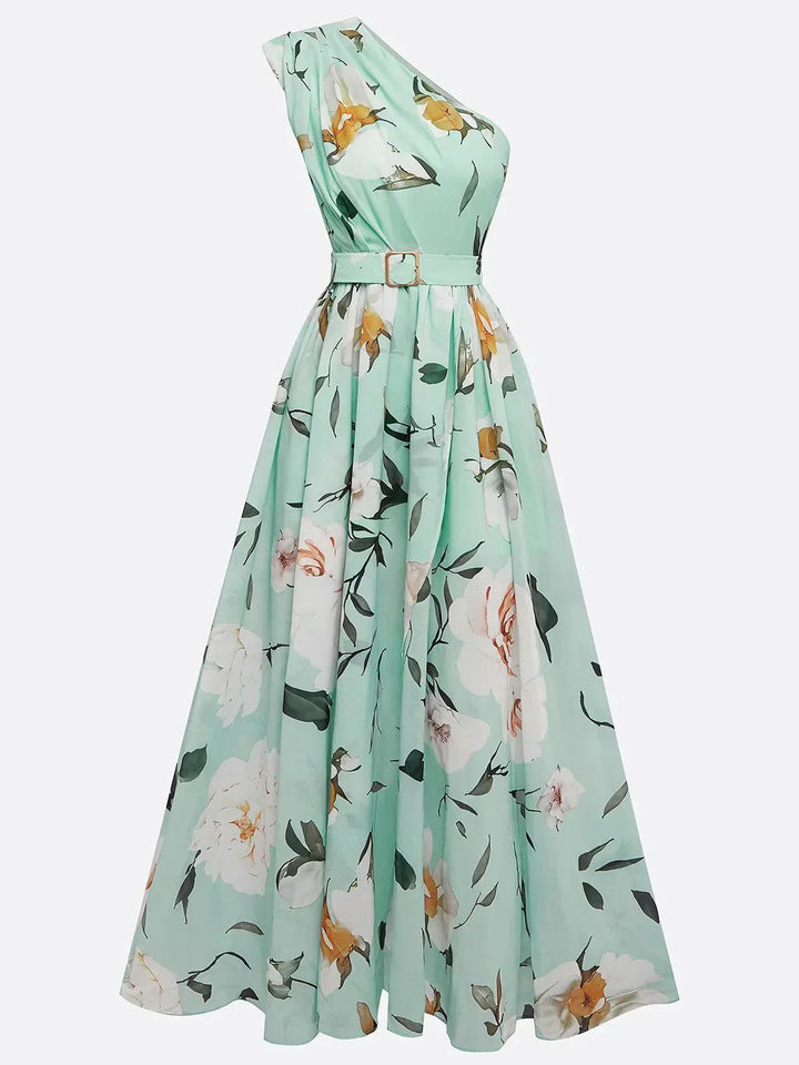 Julie | Abito Maxi in Chiffon Floreale Verde Chiaro a Spalla Unica