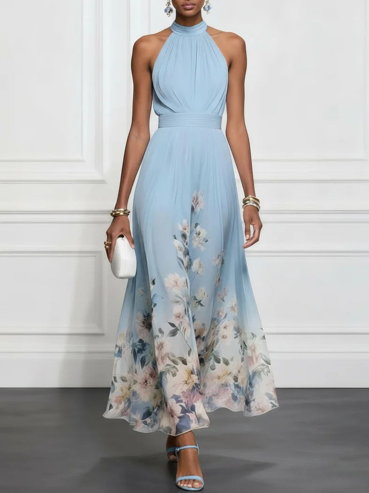 Rosalyn | Abito Maxi Halter in Chiffon Blu con Fiori