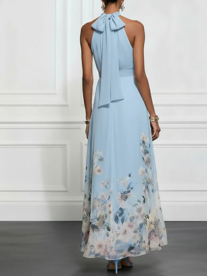Rosalyn | Abito Maxi Halter in Chiffon Blu con Fiori