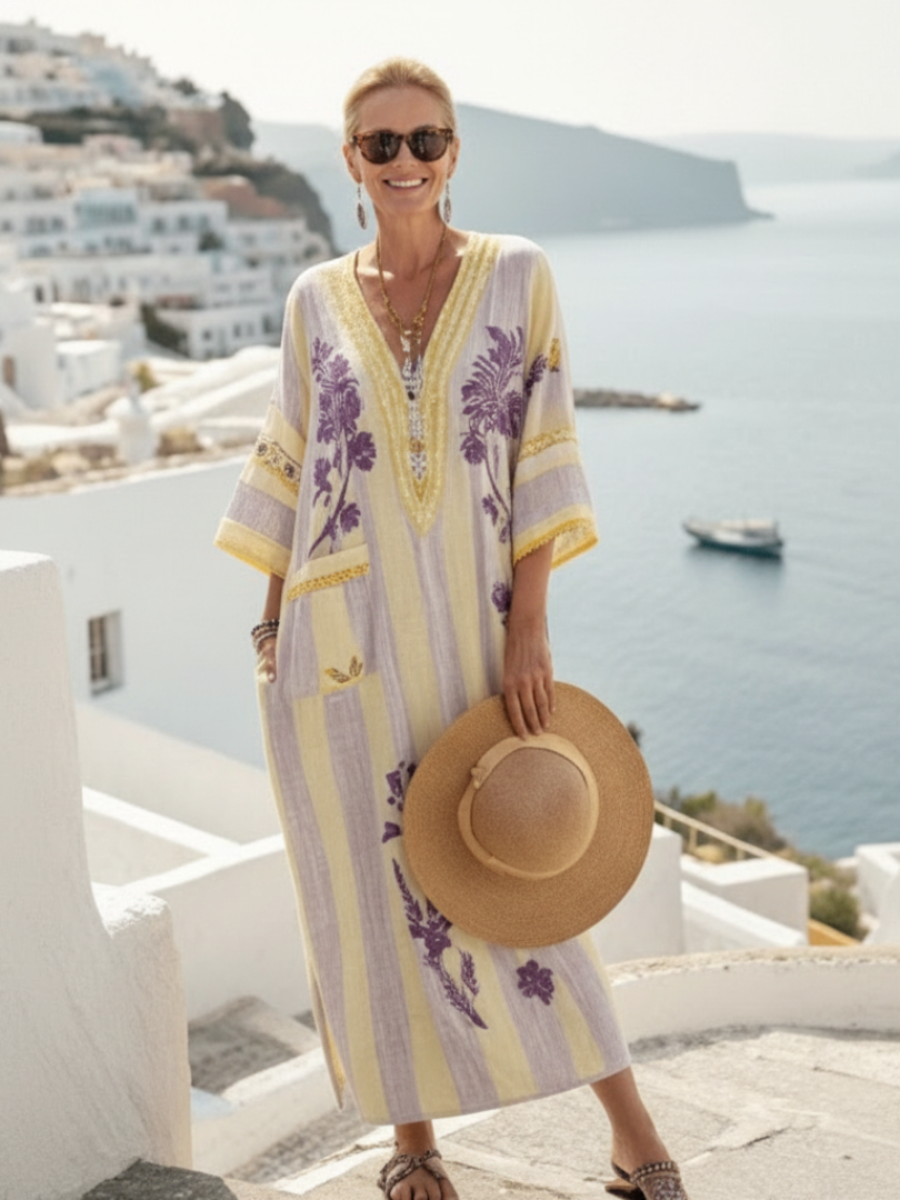 Aurelia | Abito Maxi a V con Maniche Corte a Righe e Fiori