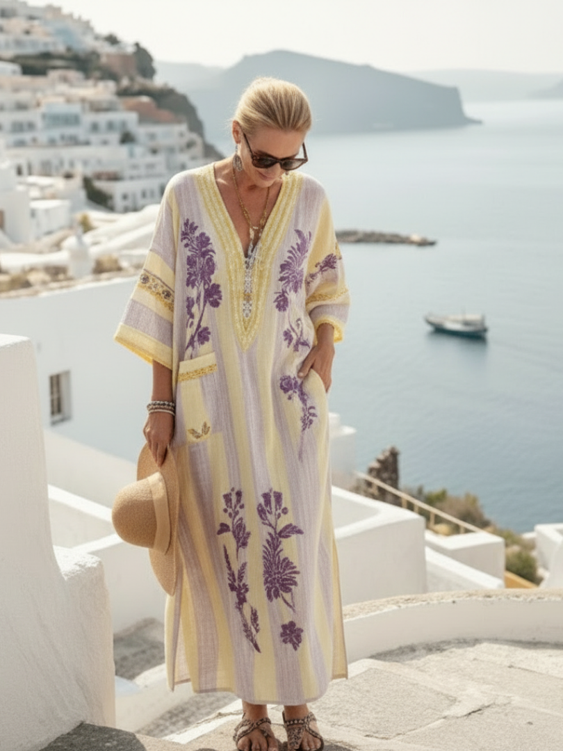 Aurelia | Abito Maxi a V con Maniche Corte a Righe e Fiori