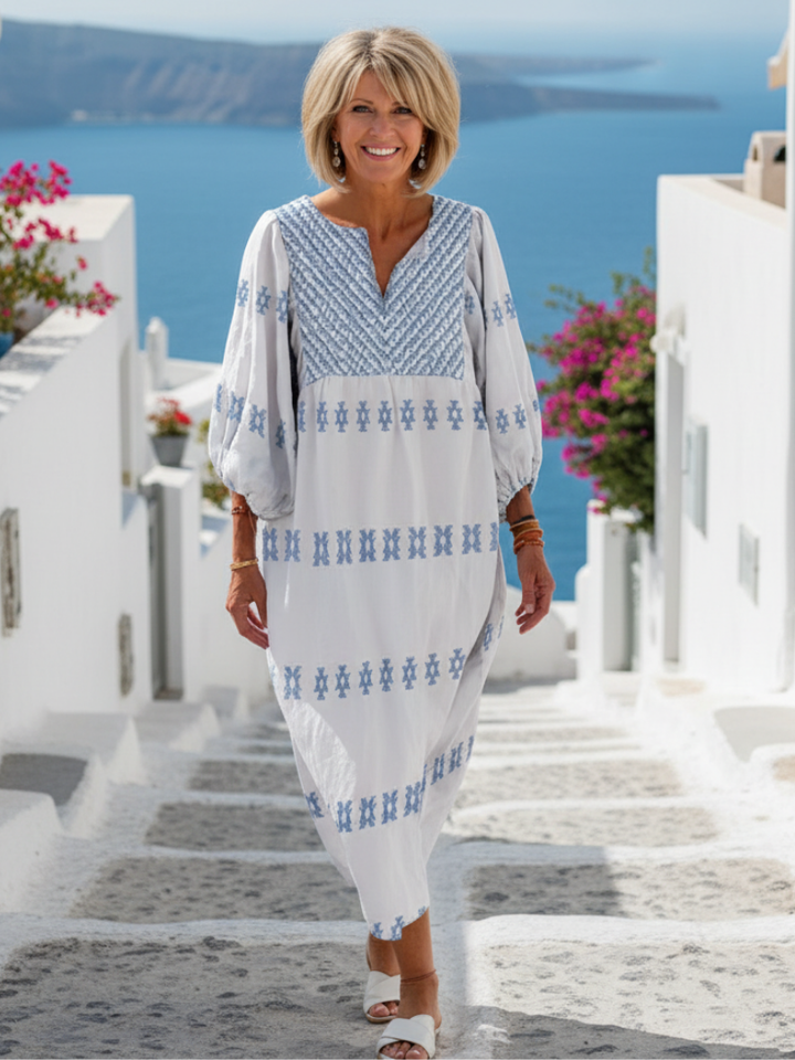 Evadne | Abito Maxi Ricamato con Scollo a V e Maniche Lunghe