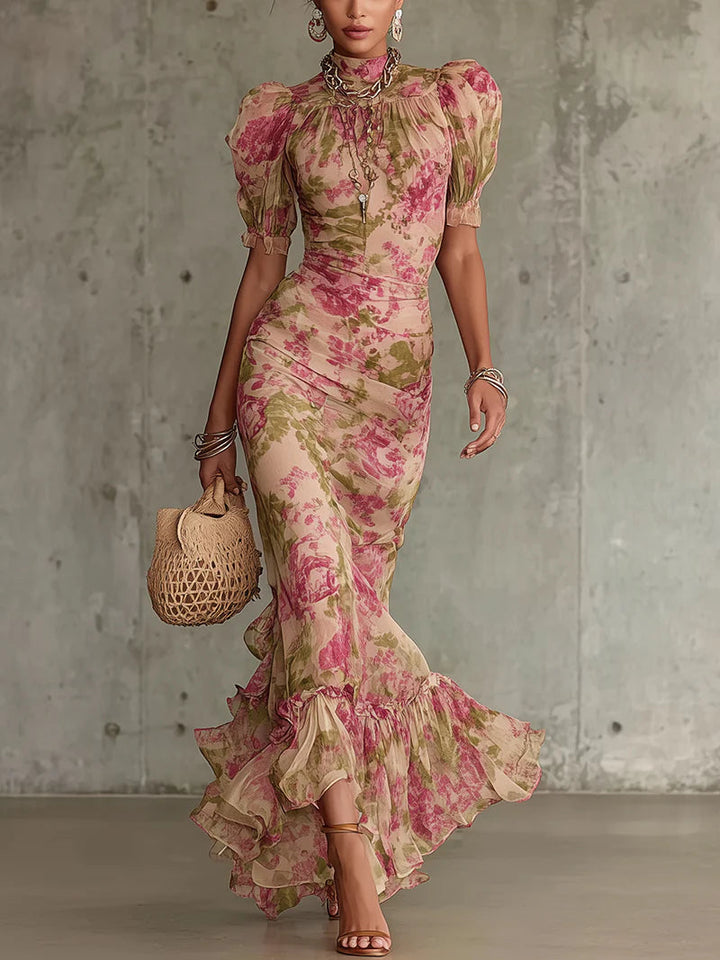 Mae | Abito Maxi a Maniche a Sbuffo con Stampa Rosa Vintage