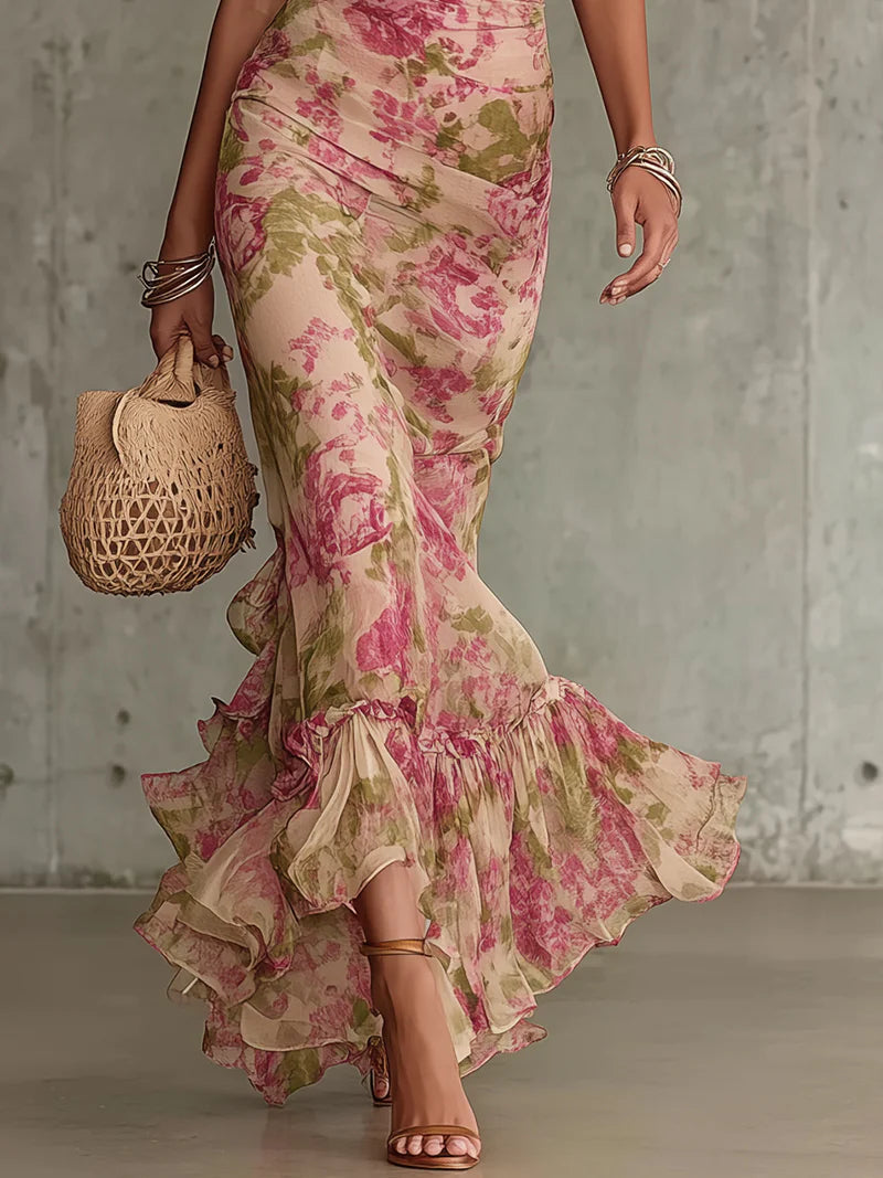 Mae | Abito Maxi a Maniche a Sbuffo con Stampa Rosa Vintage
