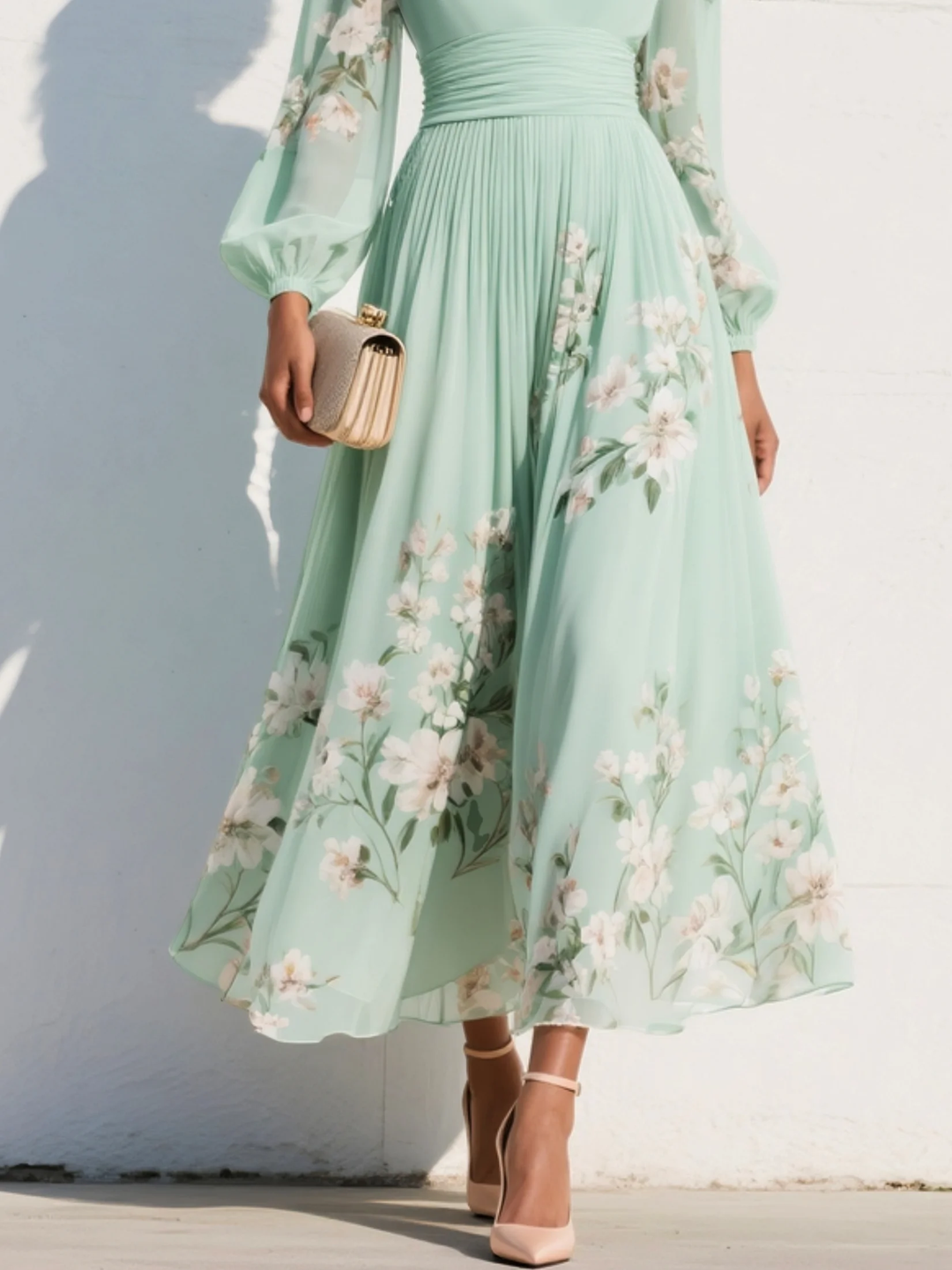 Abito Midi Plissettato Floreale in Chiffon Verde Chiaro con Scollatura a V