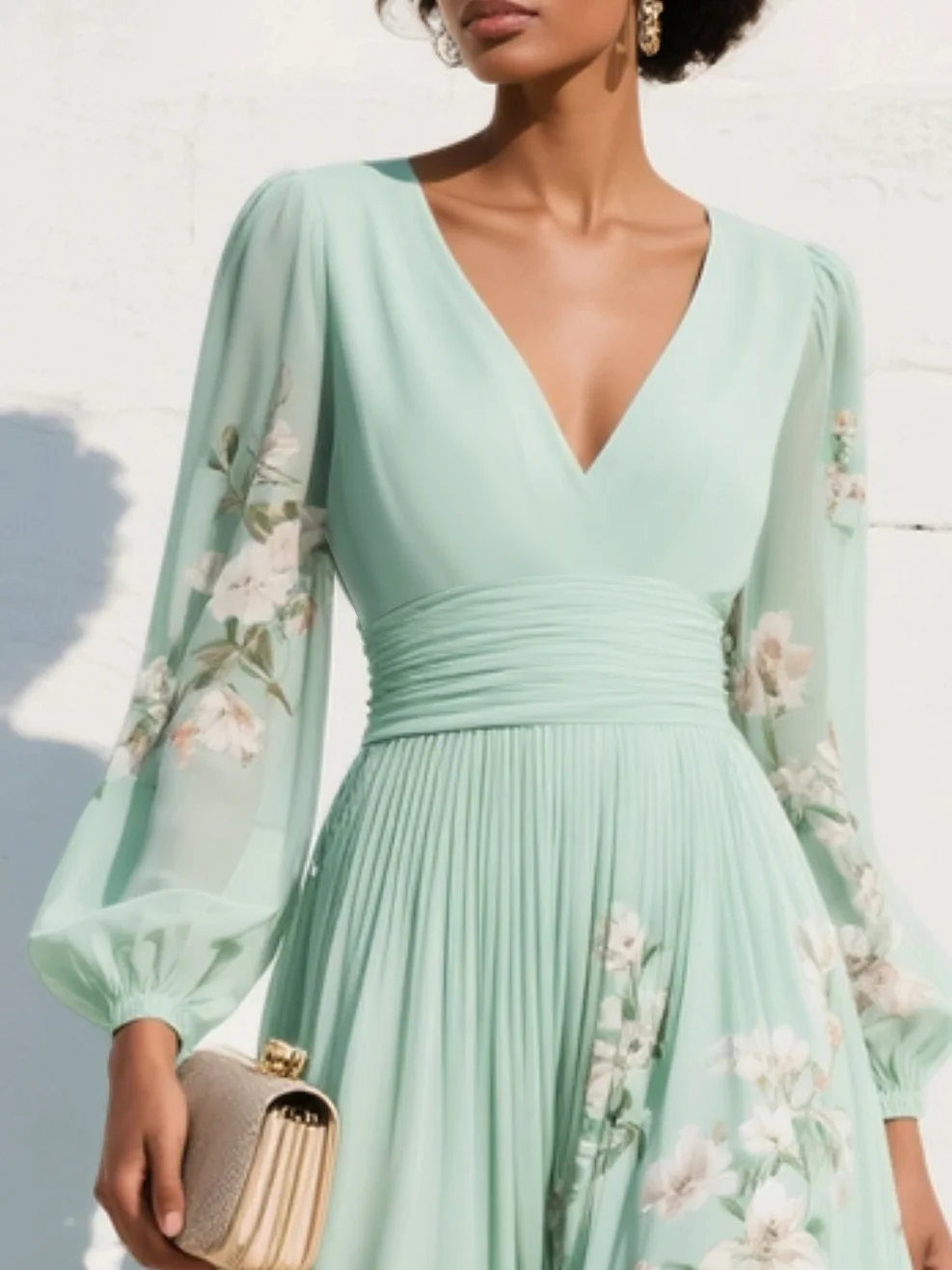 Abito Midi Plissettato Floreale in Chiffon Verde Chiaro con Scollatura a V