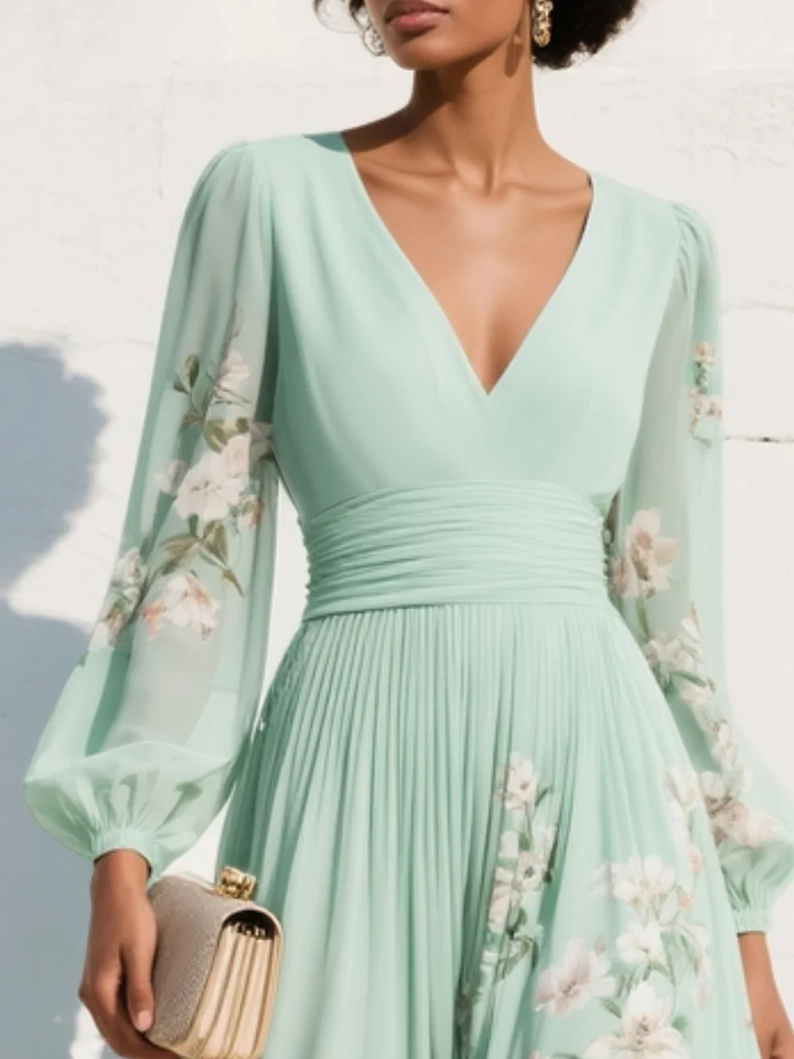 Abito Midi Plissettato Floreale in Chiffon Verde Chiaro con Scollatura a V