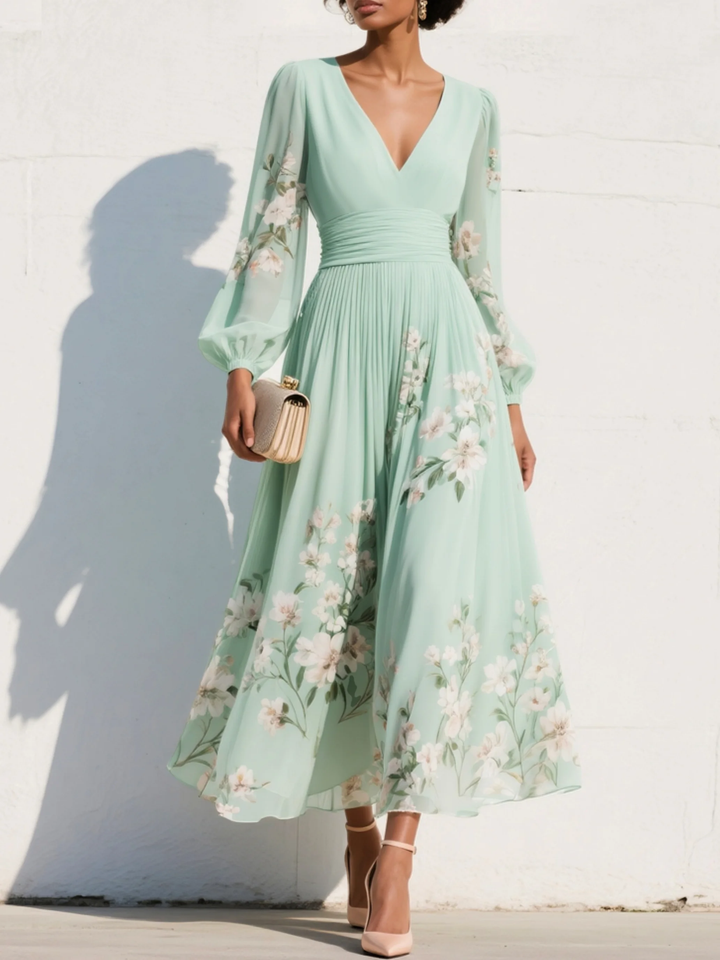 Abito Midi Plissettato Floreale in Chiffon Verde Chiaro con Scollatura a V