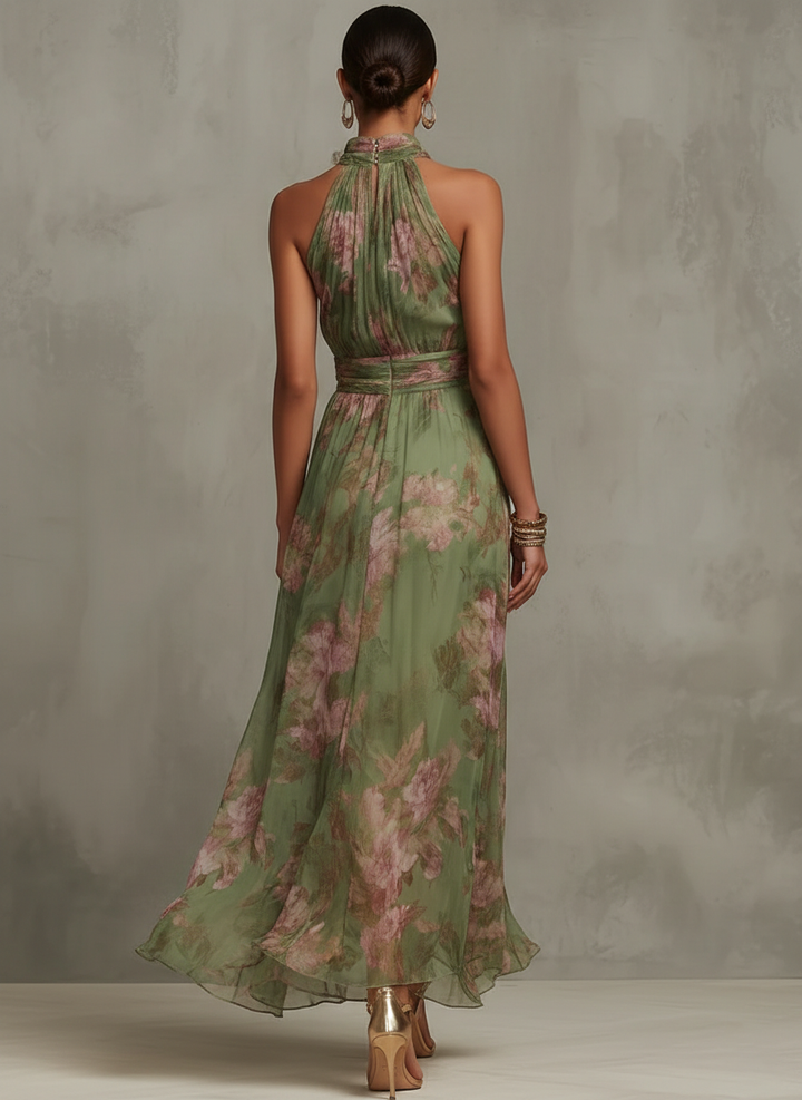 Amara | Abito Maxi in Chiffon Floreale Verde con Scollo All'Americana