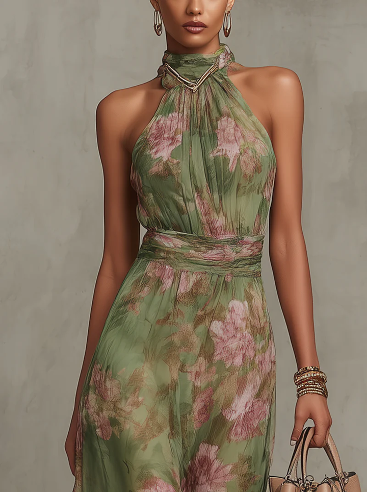 Amara | Abito Maxi in Chiffon Floreale Verde con Scollo All'Americana