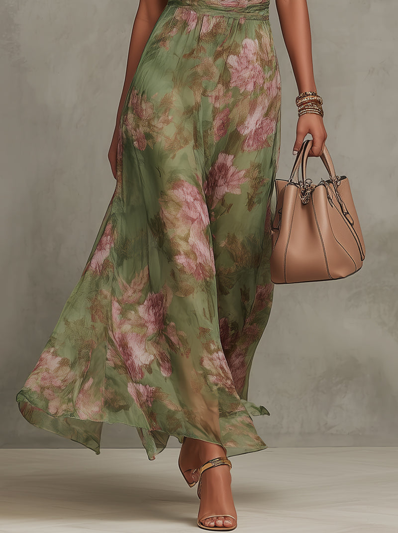 Amara | Abito Maxi in Chiffon Floreale Verde con Scollo All'Americana