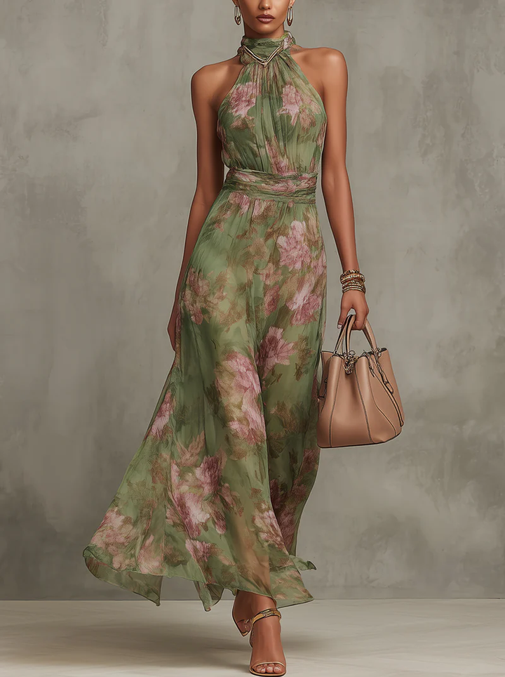 Amara | Abito Maxi in Chiffon Floreale Verde con Scollo All'Americana