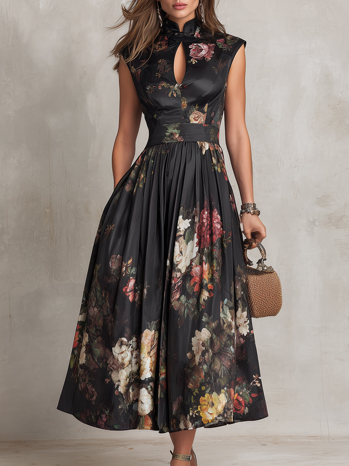 Patricia | Abito midi plissettato in satin nero a fiori