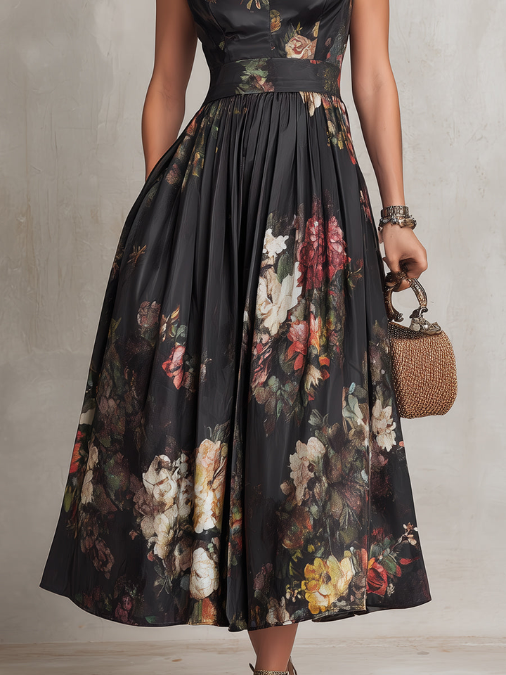 Patricia | Abito midi plissettato in satin nero a fiori