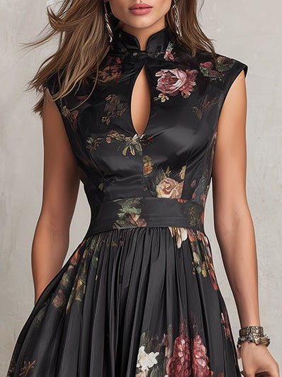 Patricia | Abito midi plissettato in satin nero a fiori