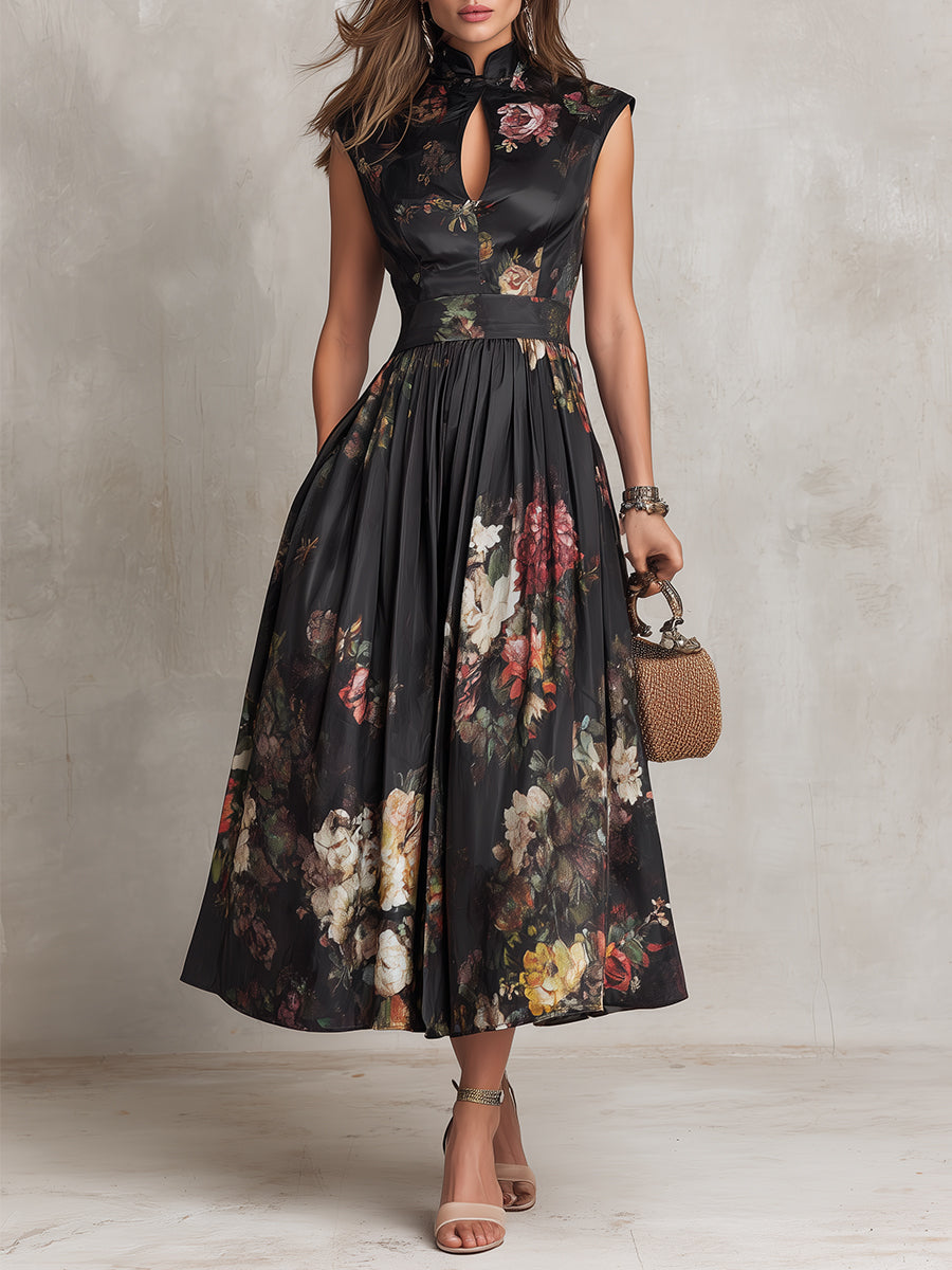 Patricia | Abito midi plissettato in satin nero a fiori