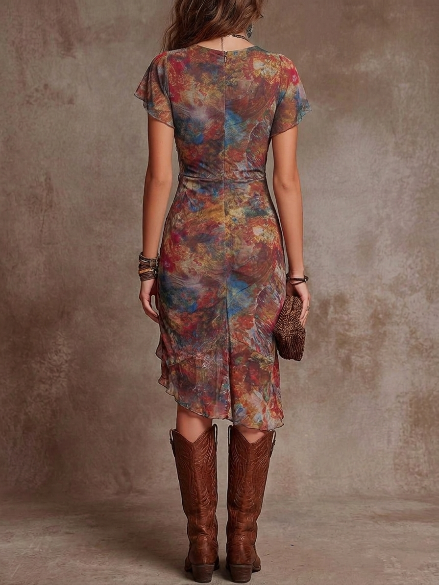 Judy | Abito Midi Plissettato V-Neck Bohemien Astratto