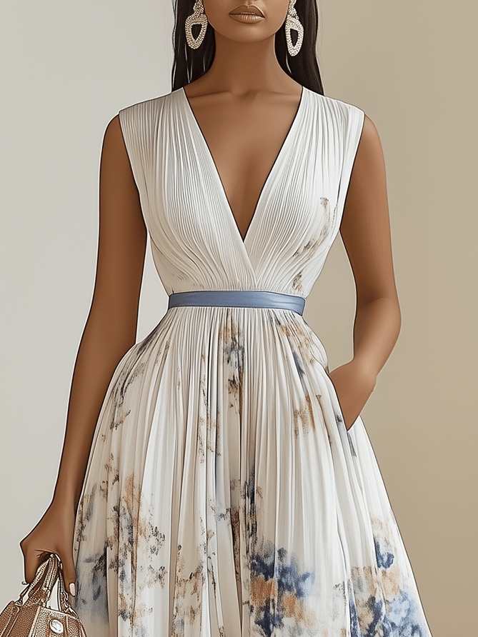 Chloe | Abito midi plissettato in chiffon floreale bianco con scollo a V