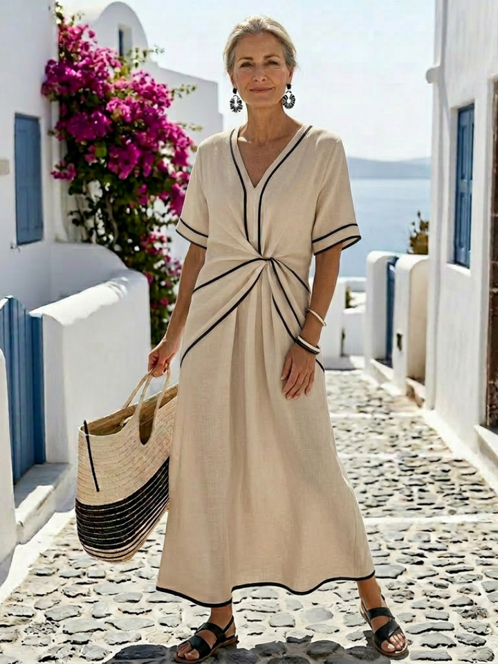 Linnea | Abito midi a maniche corte con scollo a V e vita arricciata