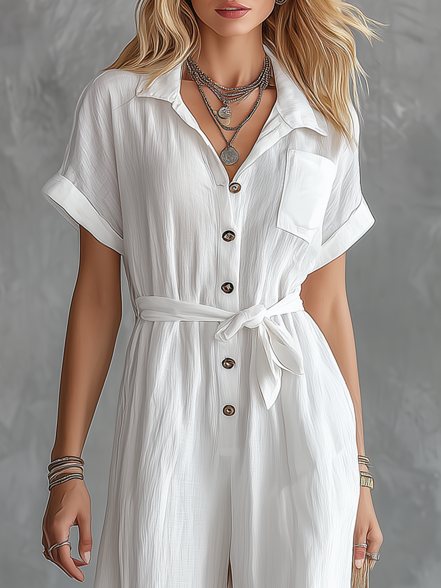 Tuta elegante casual per vacanze con scollo a V e maniche corte