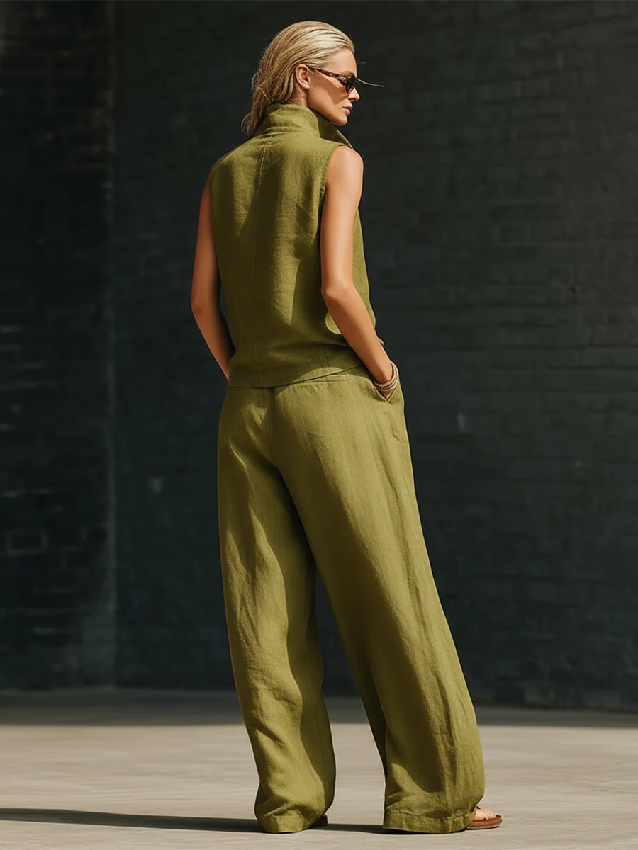 Set di due pezzi in lino cotone con colletto alla moda e zip