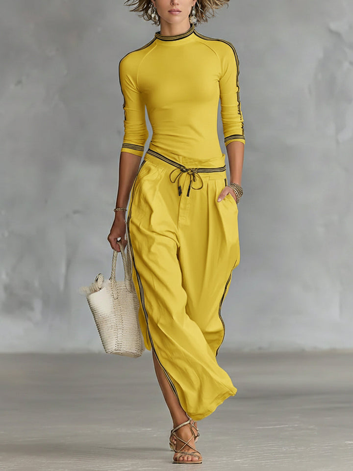 Set di Top in Maglia Stretch Confortevole da Donna e Pantaloni in Lino e Cotone