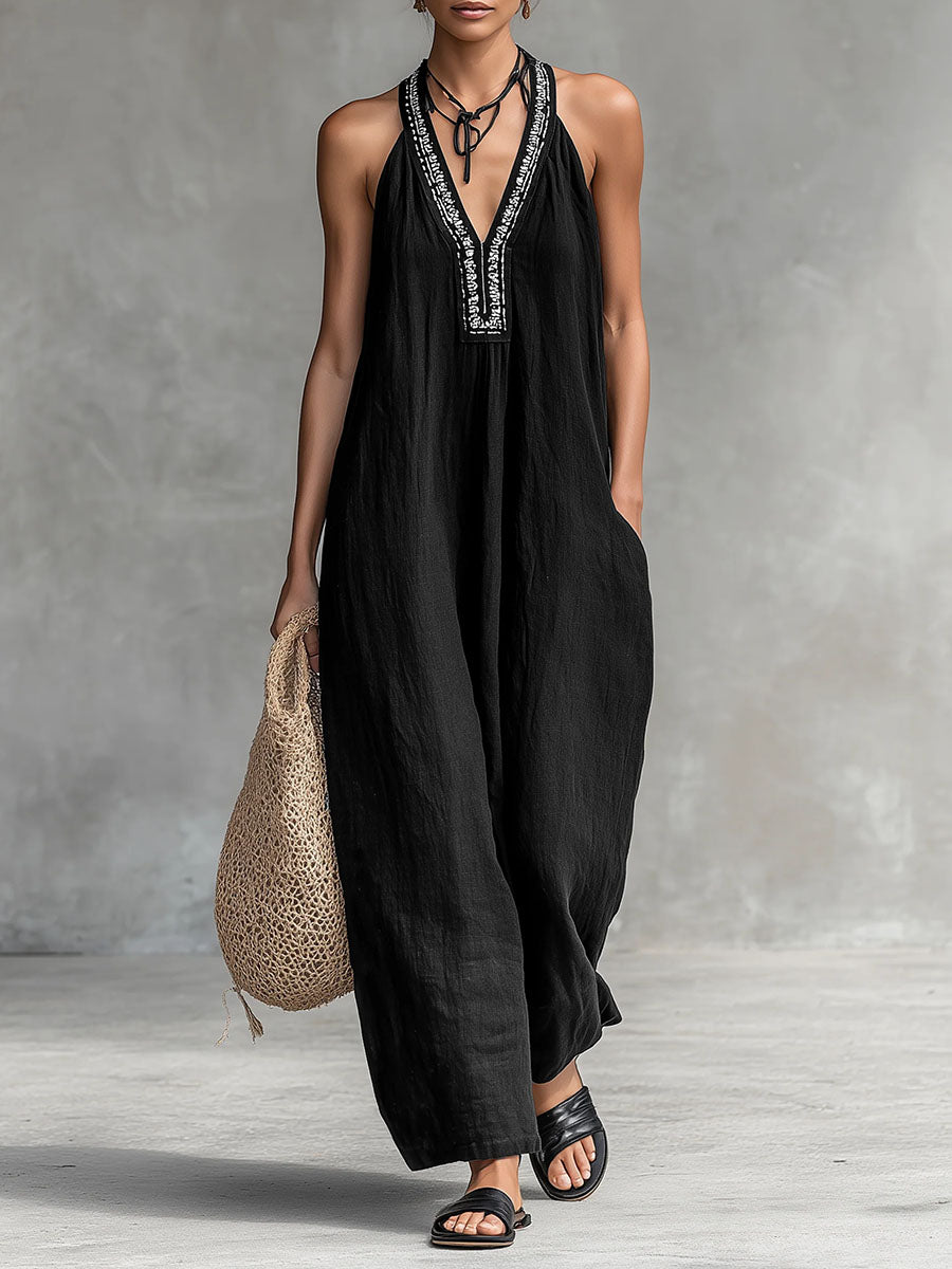 Salopette Donna Senza Maniche V-Neck a Collo Halter in Cotone Lino a Colore Unico