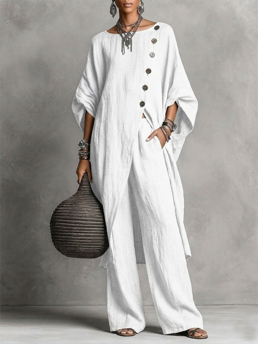 Set Due Pezzi Casual da Donna: Top Button-up con Fessura Laterale e Pantaloni Larghi