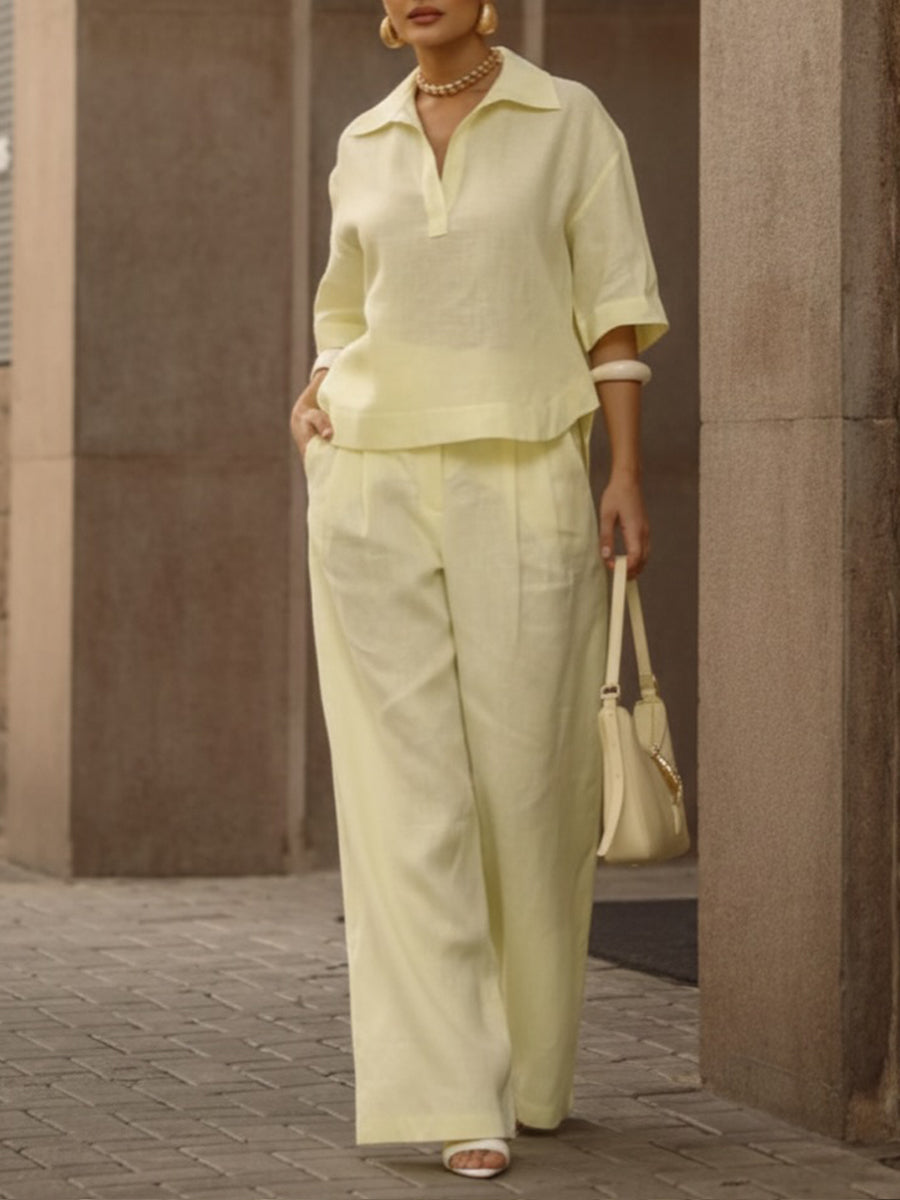 Set di Camicia e Pantaloni a Gamba Larga in Lino e Cotone per Donna