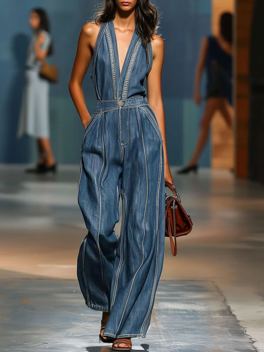 Salopette in denim senza maniche con scollo a V e gambe larghe per donne