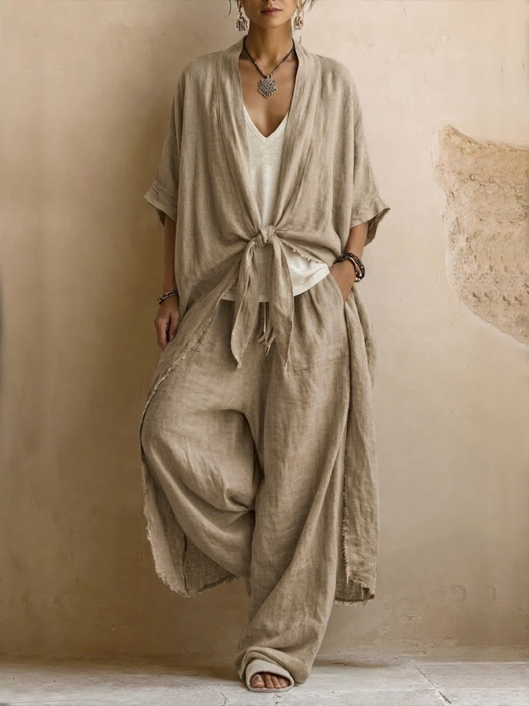 Set di due pezzi in lino e cotone in stile bohemien: cardigan lungo e pantaloni
