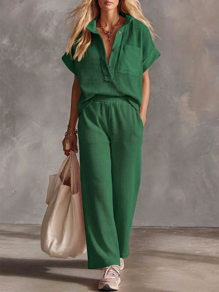 Set di top e pantaloni in cotone a maniche corte in maglia waffle sportiva casual