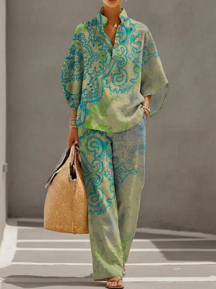 Top e Pantaloni Casual in Cotone Lino con Stampa Artistica Floreale Retro per Donna con Maniche 3/4