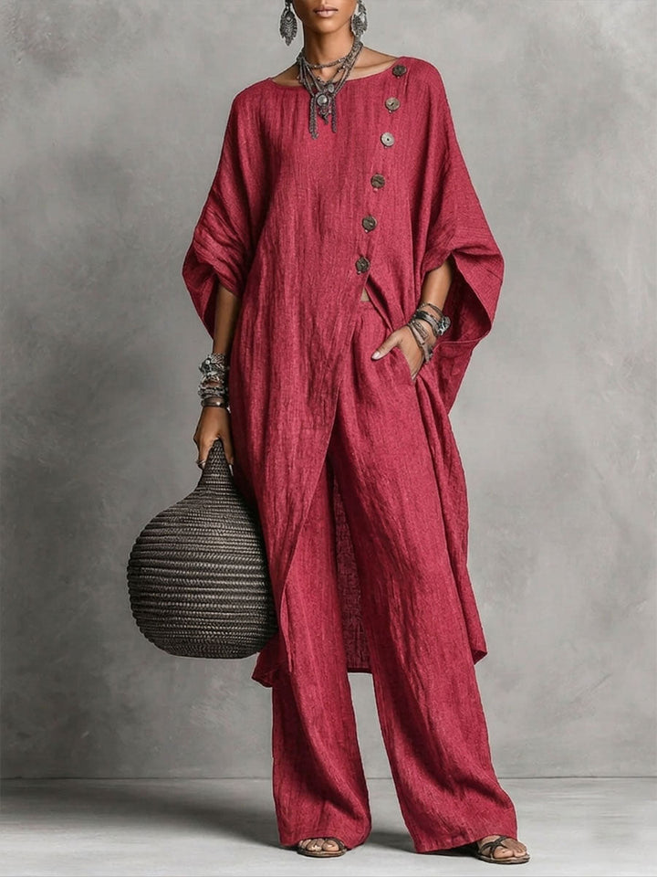 Set Due Pezzi Casual da Donna: Top Button-up con Fessura Laterale e Pantaloni Larghi