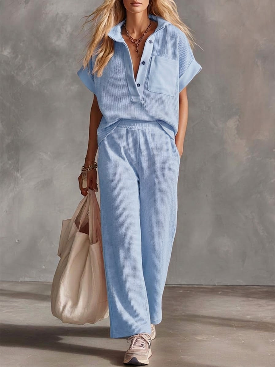 Set di top e pantaloni in cotone a maniche corte in maglia waffle sportiva casual