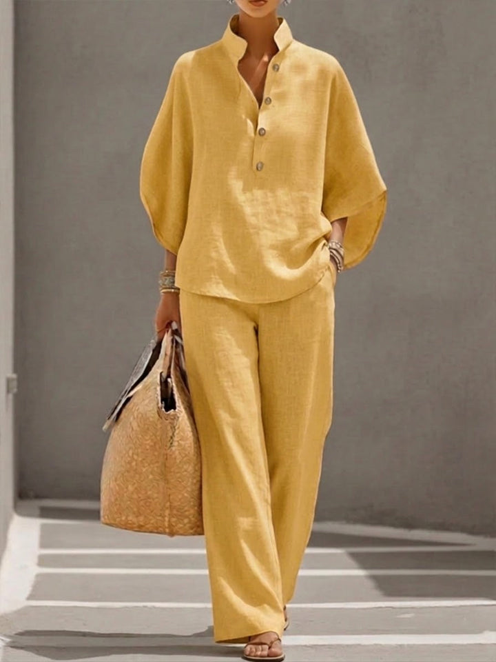 Set Due Pezzi in Lino e Cotone con Maniche a Pipistrello per Donne – Camicia Casual e Pantaloni a Gamba Larga