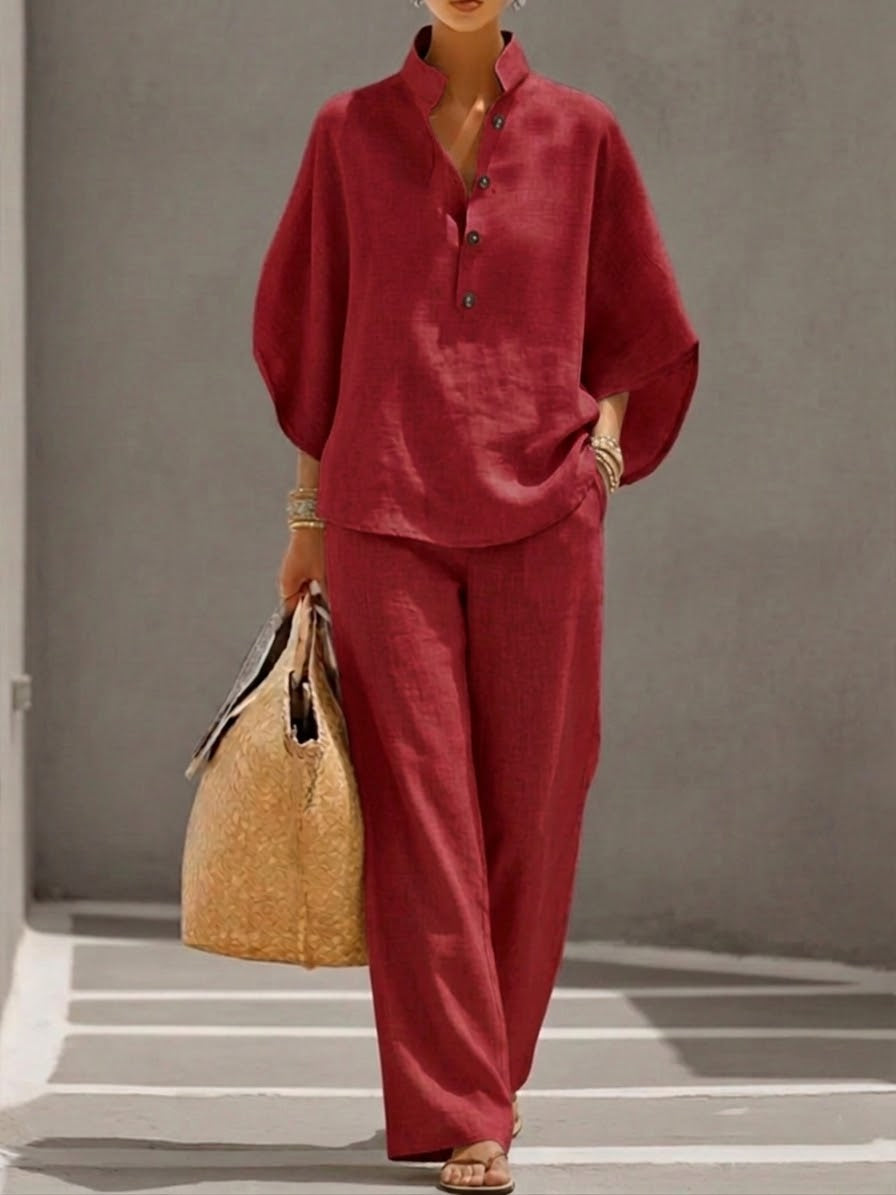 Set Due Pezzi in Lino Cotone con Maniche a Pipistrello per Donna – Camicia Casual & Pantaloni a Gamba Larga