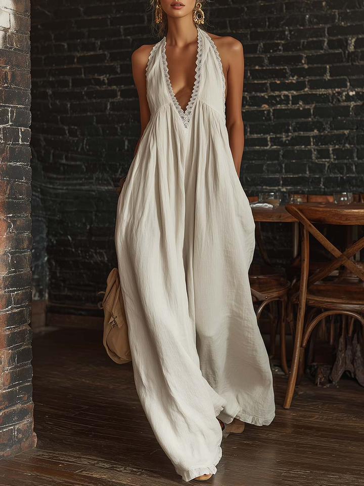 Elegante e Sexy Tuta in Pizzo con Scollo a V in Cotone e Lino