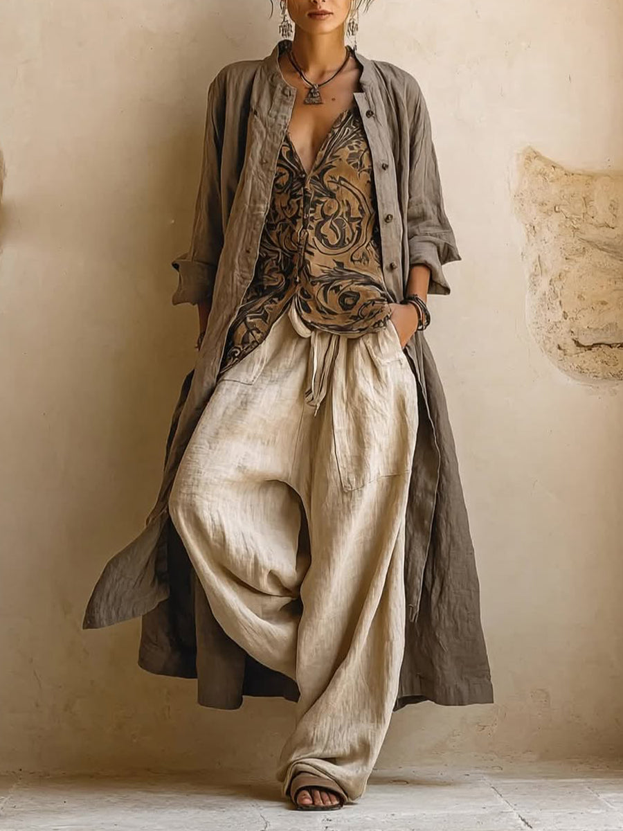 Set di Tre Pezzi: Cardigan Lungo in Lino e Cotone, Top Senza Maniche e Pantaloni Bohemien Casual