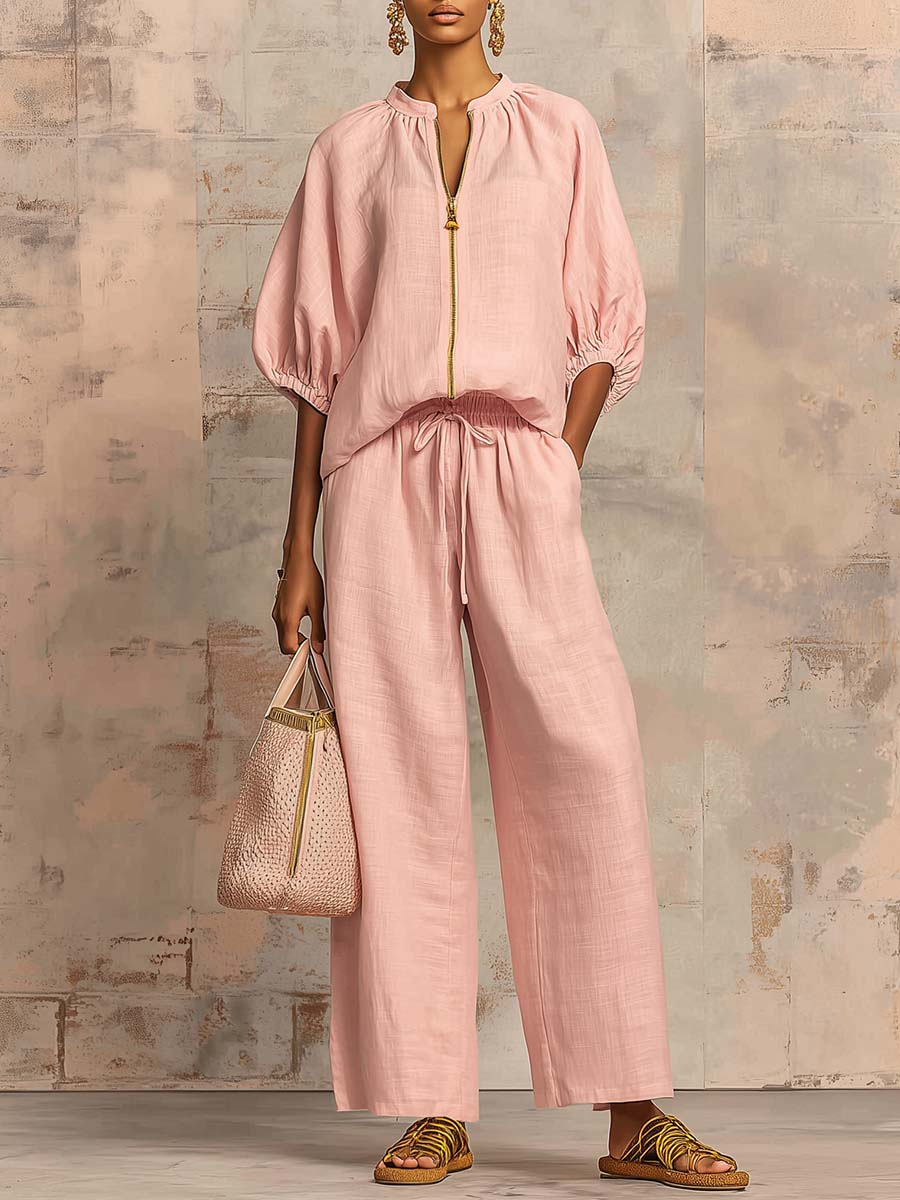 Set di Due Pezzi in Lino Cotone con Camicia Elegante e Pantaloni a Gamba Larga